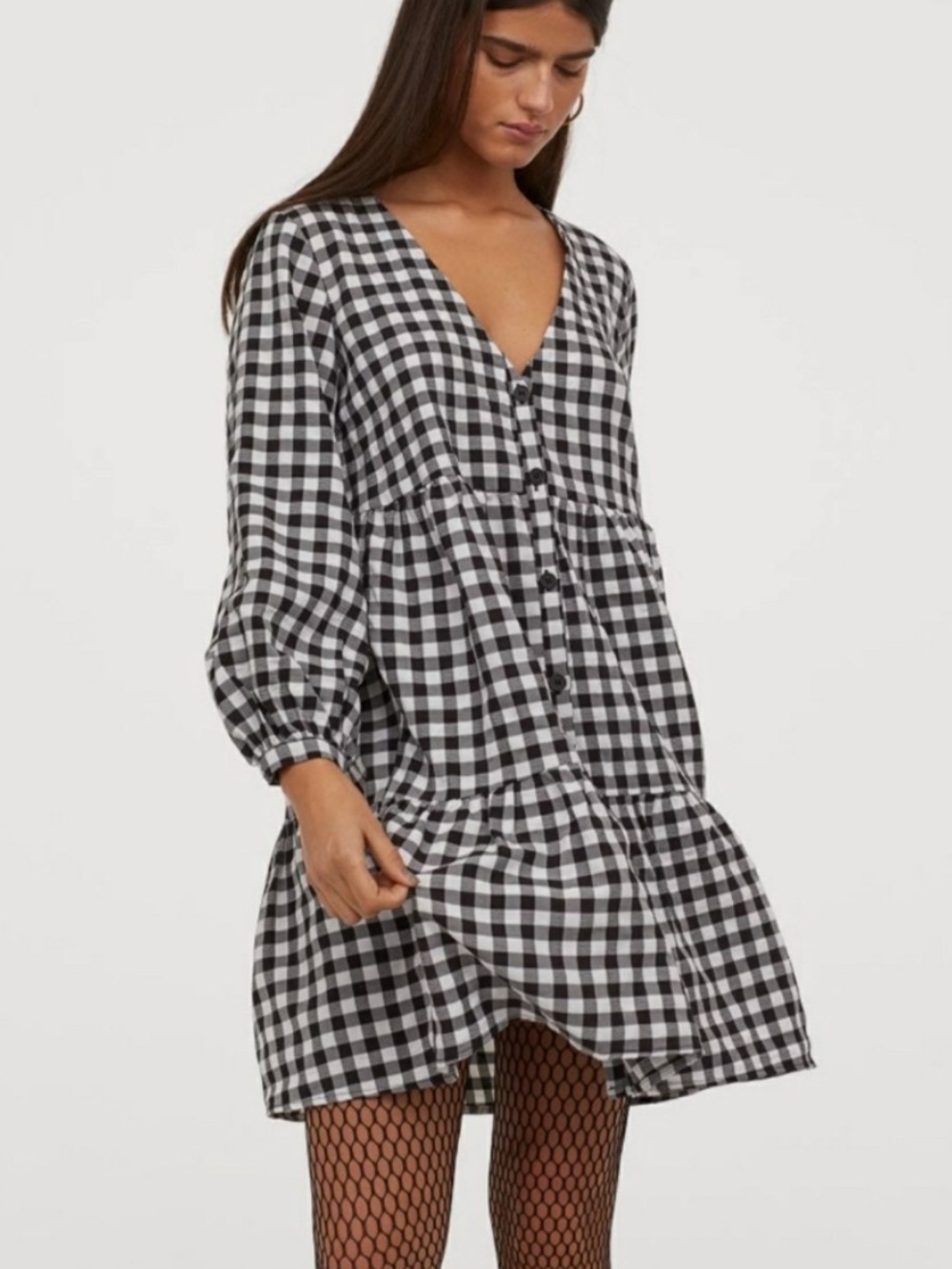 H&M Black & White Gingham V-Neck Tiered Mini Dress